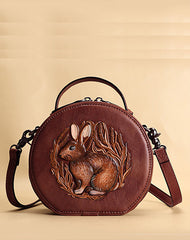 Cutest Womens Brown Leather Round Handbag Bunny Crossbody Purse Vintage Round Shoulder Bags for Women