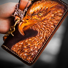 Handmade Leather Mens Tooled Eagle Chain Biker Wallet Cool Leather Wallets Long Wallets for Men