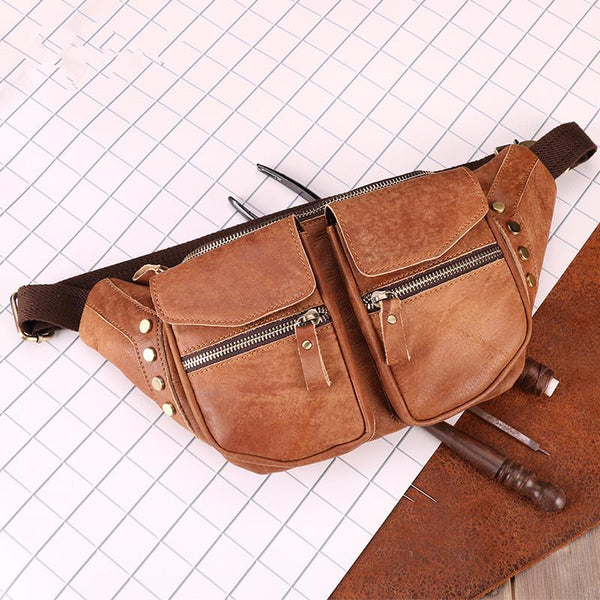 Cool Leather Fanny Pack Men's Brown Chest - Back View