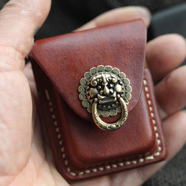 Handmade Brown Leather Mens Zippo Lighter Case - Back View
