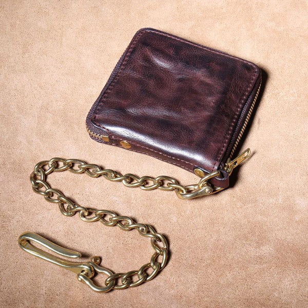 Handmade coffee leather zip-around biker wallet with brass chain and belt hook