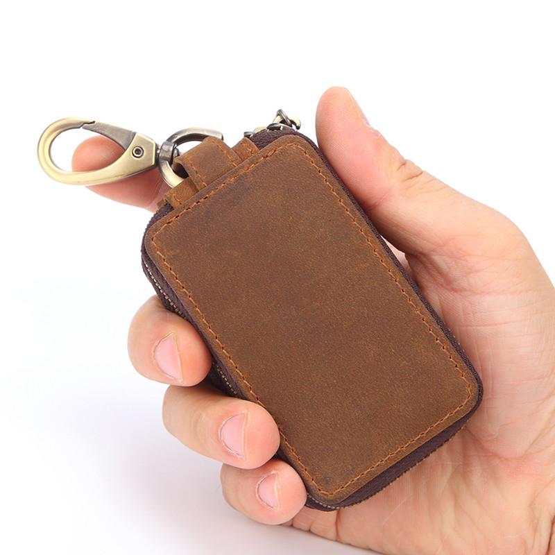 Cool Brown Mens Zipper Leather Car Key Wallet Key Holder Change Holder For Men