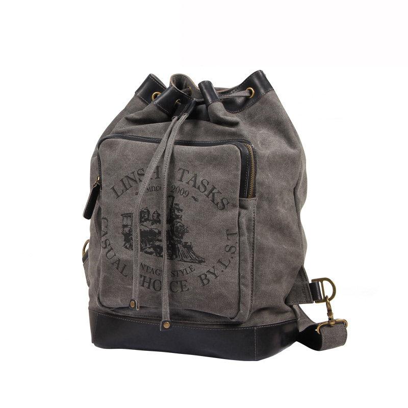 Fashion Canvas Leather Mens Bucket Sling Bag Sling Pack Khaki Canvas Sling Backpack for Men