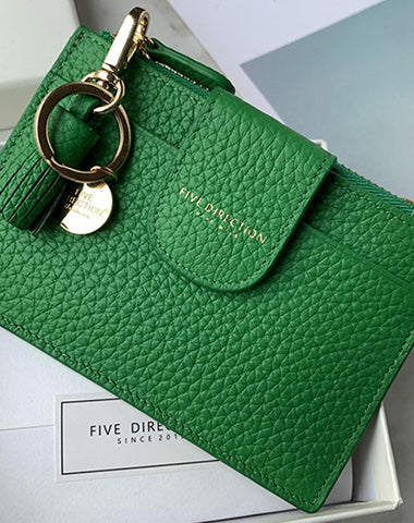 Cute Women Vivid Green Leather Slim Keychain with Card Wallet Card Holder Wallet Change Wallet For Women