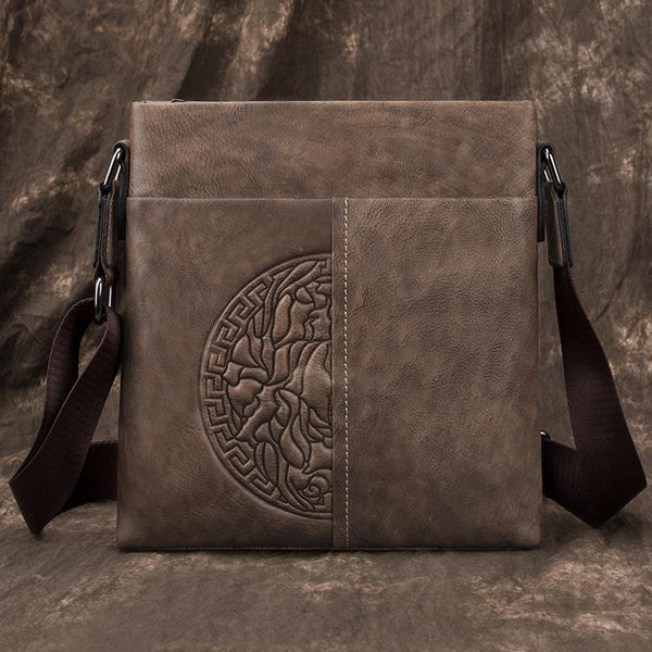 Casual Leather Brown Mens Vertical Side Bag - Back View