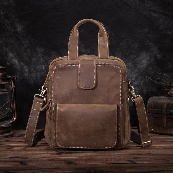 Leather Mens Vertical Work Bag Handbag Brown - Back View