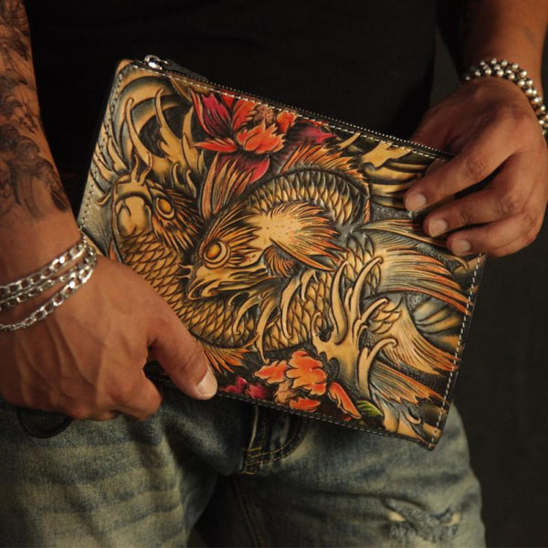 Cool Handmade Tooled Leather Black Skull Clutch Wallet Wristlet Bag Clutch Purse YJYBJ04881007