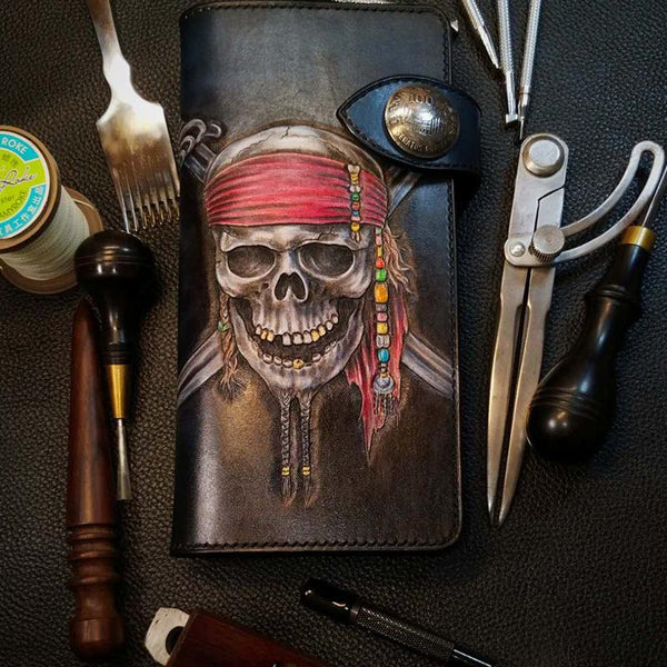 Badass Leather Men's Pirate Skull Long Biker - Back View