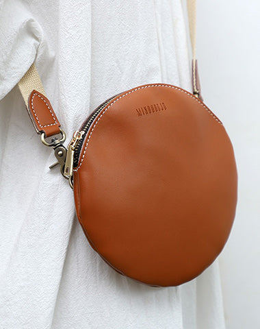 Cute Round LEATHER Small Side Bag Brown WOMEN Circle SHOULDER BAG Small Crossbody Purse FOR WOMEN
