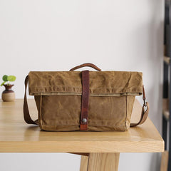 Waxed Canvas Mens Side Bag 13‘’ Khaki Courier Bag Messenger Bag for Men