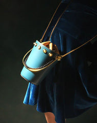 Cute Womens Light Blue Leather Barrel Chain Crossbody Purse Bucket Round Chain Shoulder Bag for Women