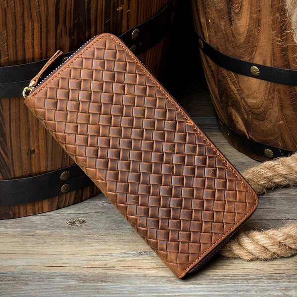 Brown Woven Mens long Wallet Wristlet Wallet - Back View