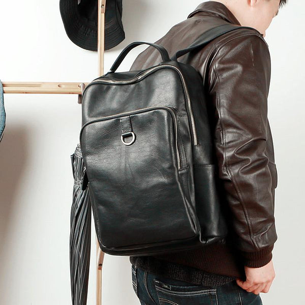 Cool Camel Leather Mens Travel Black Backpack - Back View