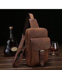 Brown Cool LEATHER MENS Sling Bags One Shoulder Backpack Dark Coffee Chest Bag For Men