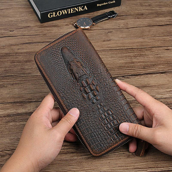 Cool Crocodile Pattern Brown Mens Leather Long - Back View