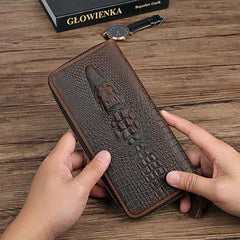 Cool Crocodile Pattern Brown Mens Leather Long Wallet Bifold Zip Long Wallet for Men