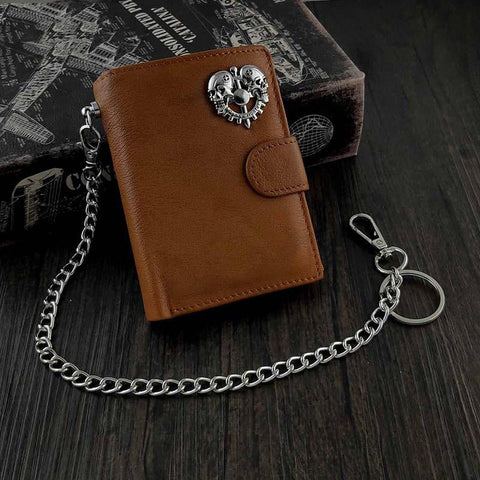 BADASS BROWN LEATHER MENS TRIFOLD SMALL BIKER WALLET BLACK CHAIN WALLET WALLET WITH CHAIN FOR MEN