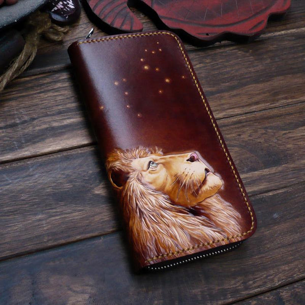 Dark Coffee Handmade Tooled Lion Leather Mens - Back View