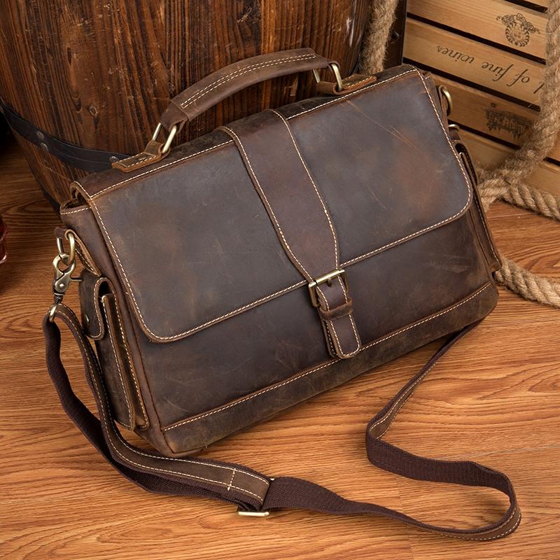 Cool Dark Brown Leather Mens 14 inches Briefcase Laptop Bags Business Side Bag Work Bag for Men