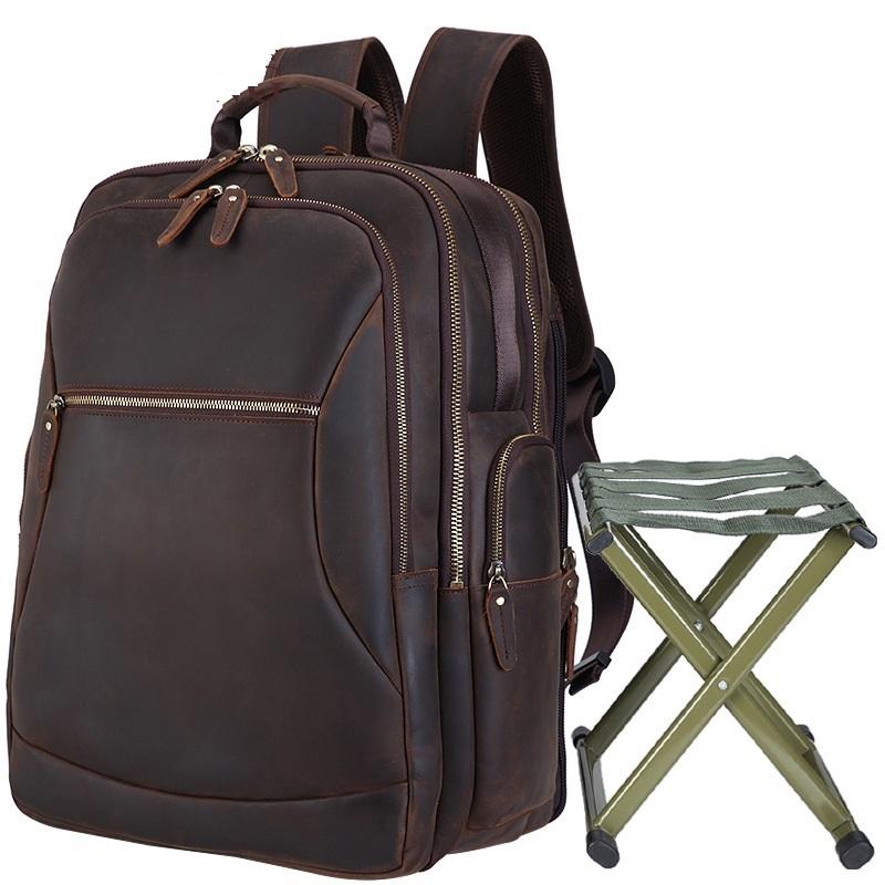 Dark Brown Leather Men's 17-inch Huge Computer Backpack Large Travel Backpack Large College Backpack For Men