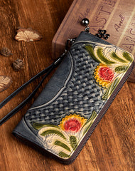Handmade Black Leather Wristlet Wallet Womens Floral Zip Around Wallets Flowers Ladies Zipper Clutch Wallet for Women