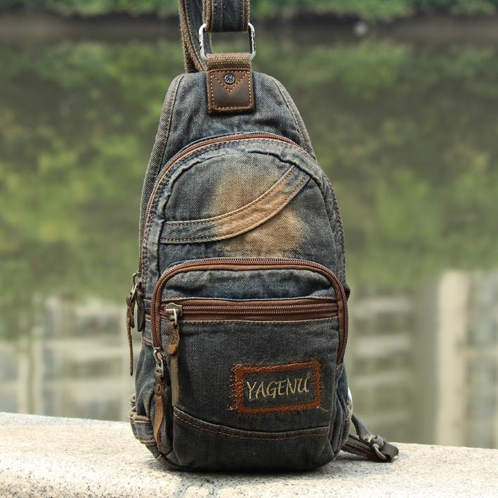 Jean Blue Mens 8 inches Sling Bag Chest Bags Fashion Denim One Shoulder Backpack For Men
