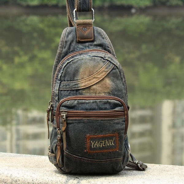 Jean Blue Mens 8 inches Sling Bag Chest Bags Fashion Denim One Shoulder Backpack AIZ01101069