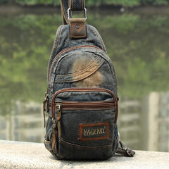 Jean Blue Mens 8 inches Sling Bag Chest Bags Fashion Denim One Shoulder Backpack For Men