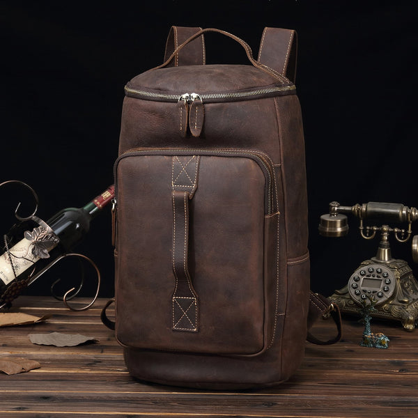 Dark Coffee Bucket Leather Men's 14 inches Large College Backpack Barrel Travel FY03482141