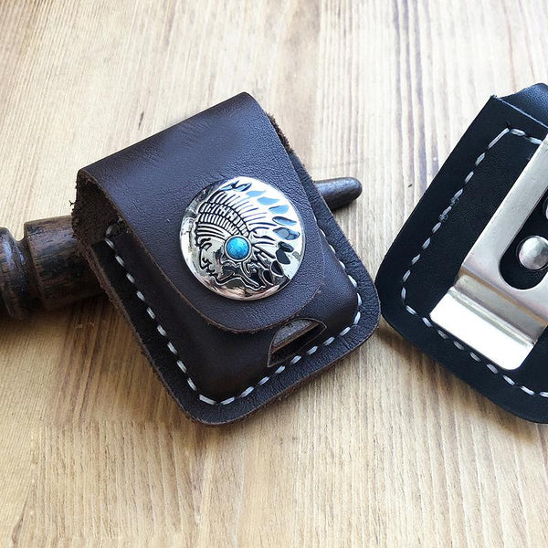 Handmade Mens Black Leather Classic Zippo Lighter - Back View