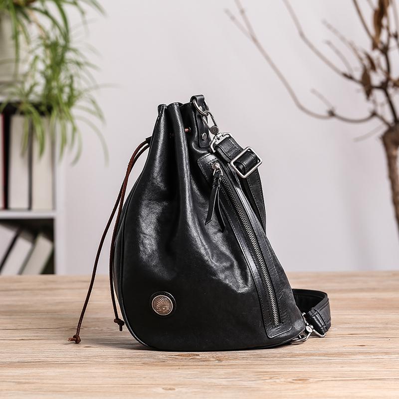 Cool Black Leather Men's Sling Pack Chest Bag One shoulder Backpack Crossbody Pack For Men