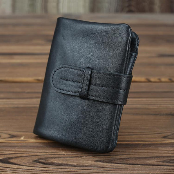 Black Leather Men's Bifold Long Wallet with - Back View