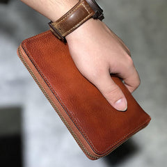 Handmade Black Leather Mens Bifold Long Wallet Brown Zipper Long Wallets Card Holders Clutch Men