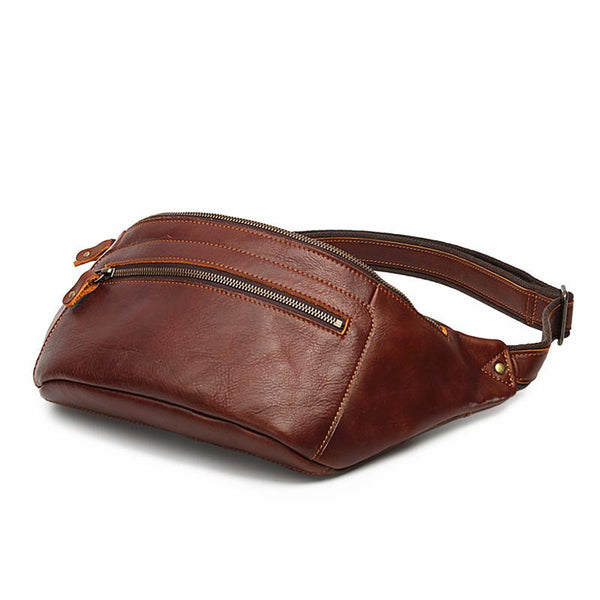 Brown LEATHER MENS FANNY PACK FOR MEN - Back View