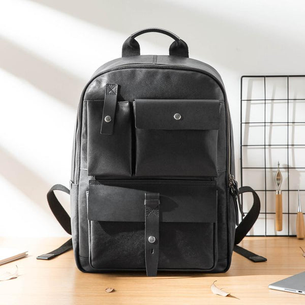 Casual Black Mens Leather School Backpacks Travel Backpacks 14-inch Laptop Backp HB04891003