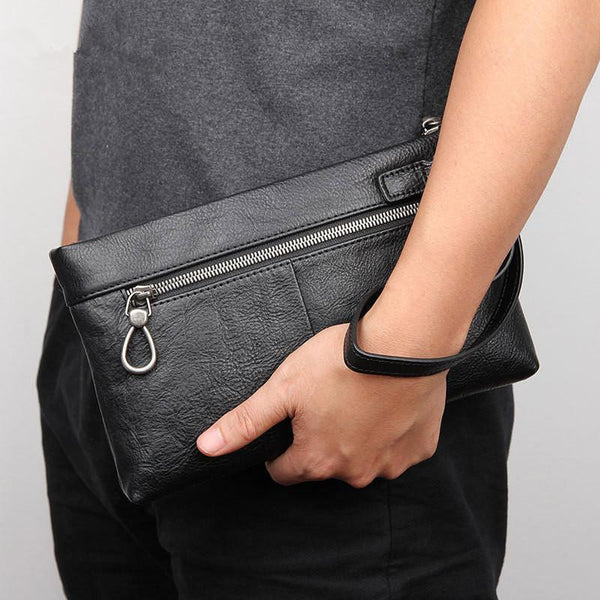 BLACK MENS LEATHER Yellow SLIM ZIPPER CLUTCH - Back View