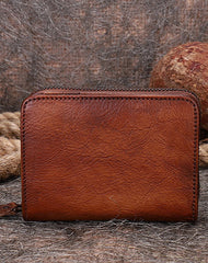 Small Brown Leather Bifold Wallet Vintage Billfold Cute Women Zip Wallet For Ladies