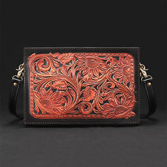 Handmade Black Tooled Floral Leather Messenger Bags Side Bag Clutch Wristlet Bag For Men
