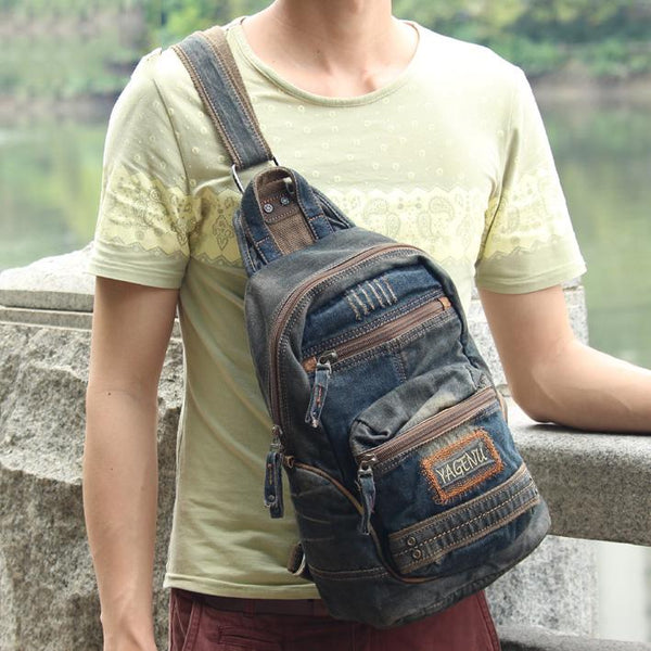 Blue Jean Mens Large Sling Bag Chest - Back View