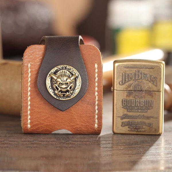 Handmade Brown Leather Mens Armor Zippo Lighter - Back View