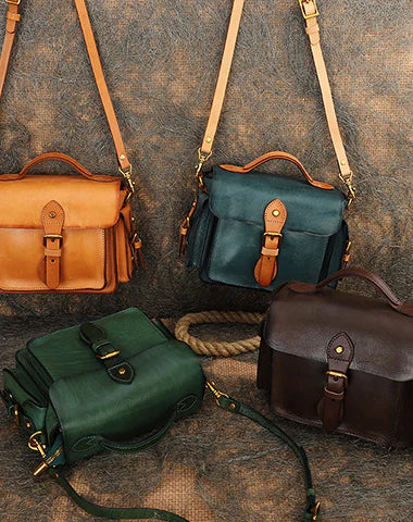 Handmade Leather Womens Small Satchel Shoulder Bag School Handbag Crossbody Purses for Women