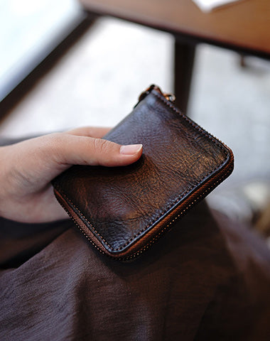 Zip Women Coffee Leather Billfold Wallet Small Zip Wallets Around Zipper Wallets For Women