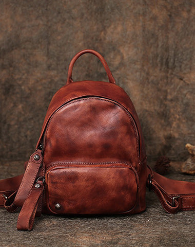 Classic Brown Leather Rucksack Womens Compact Leather Backpack Ladies Backpack Purses