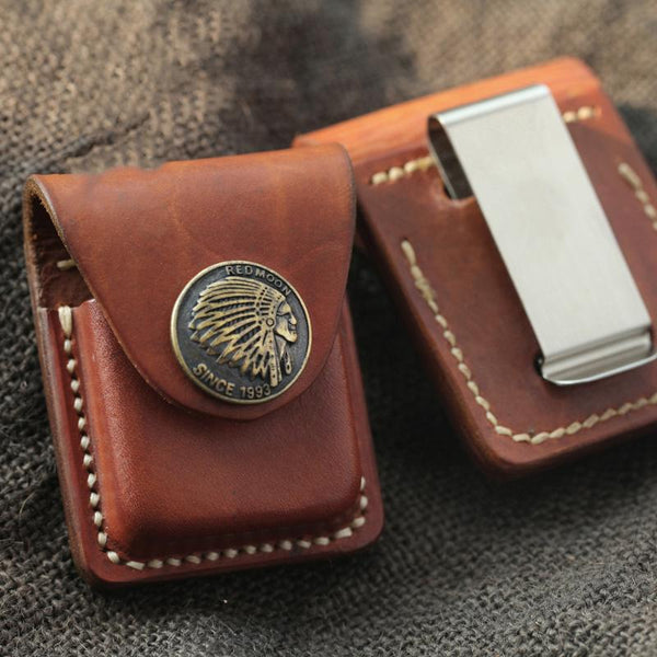 Handmade Indian Brown Leather Mens Classic Zippo - Back View