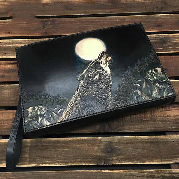 Black Handmade Tooled Leather Wolf Clutch Wallet - Back View