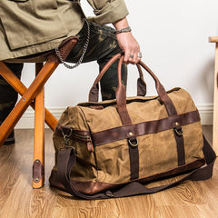 Khaki Waxed Canvas Leather Mens Waterproof Large Weekender Bag Travel Bag Luggage Bag for Men