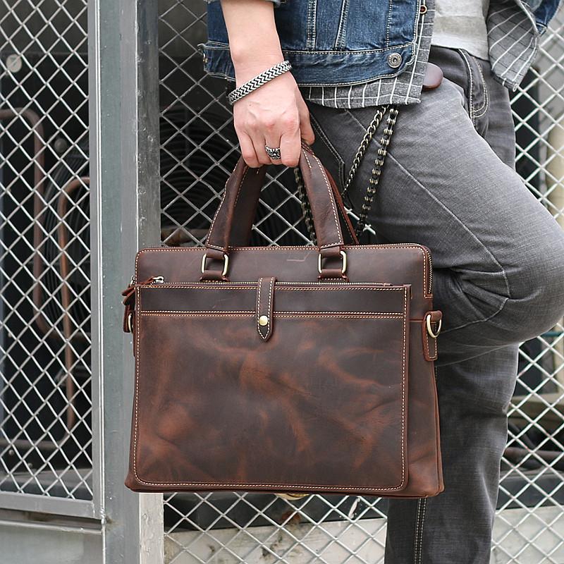 Vintage Dark Brown Mens Leather Briefcase Work - Side View