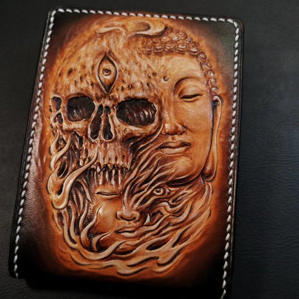 Handmade Leather Skull and Buddha Tooled Mens - Back View