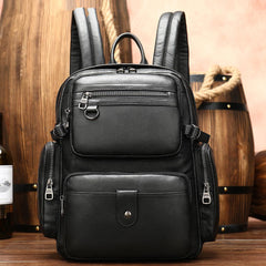 Black Leather Men's 14 inches Large Computer Backpack Large Black Travel Backpack Black Large College Backpack For Men
