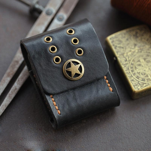 Cool Texas Star Black Leather Mens Zippo - Back View